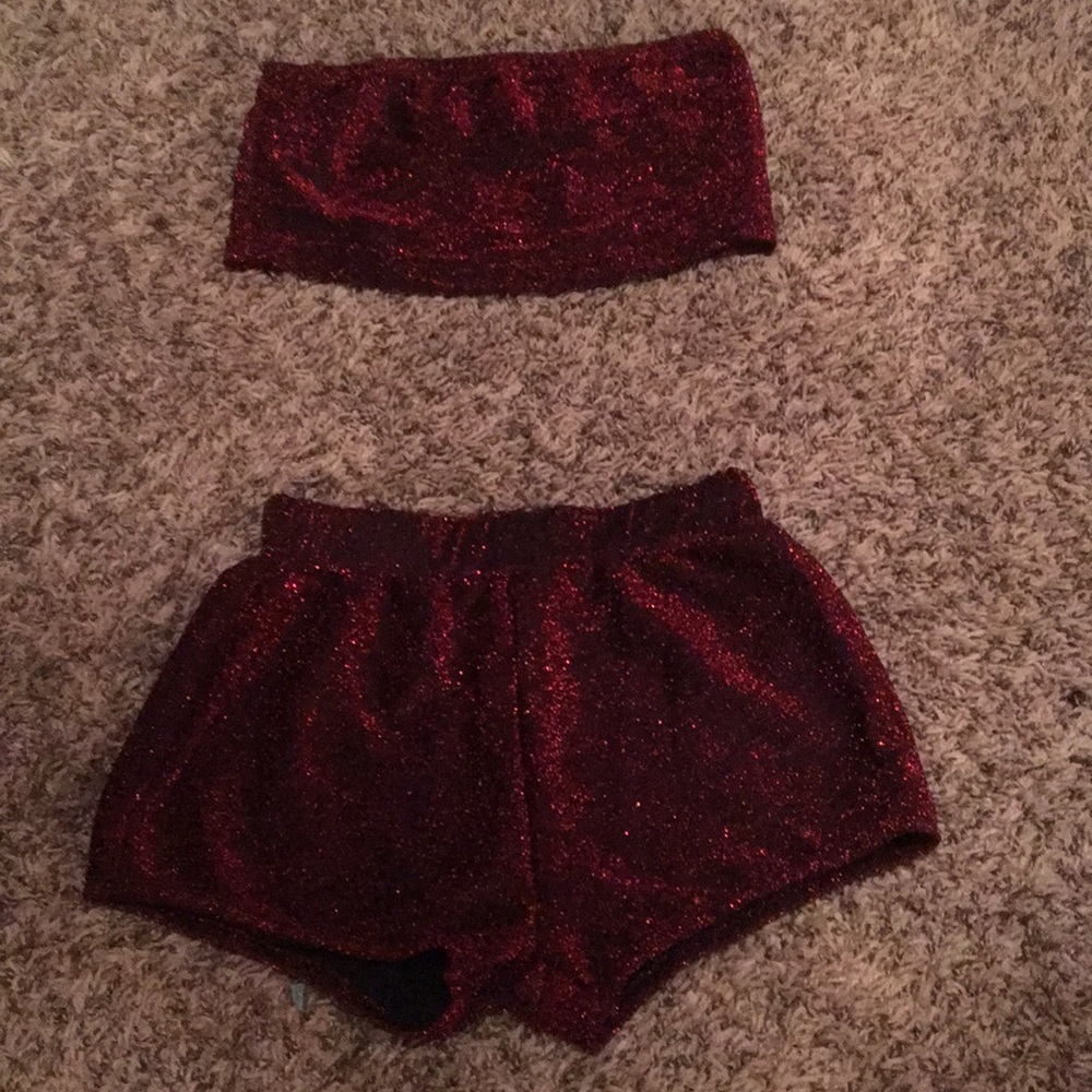 Tube top outfit with matching thigh high shorts